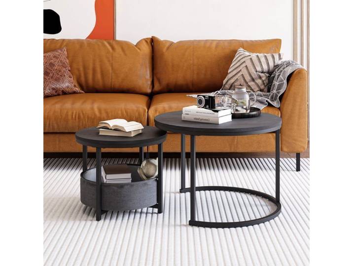 Table basse ronde – table d'appoint – structure métallique – plateau en bois table basse empilable avec sac de rangement