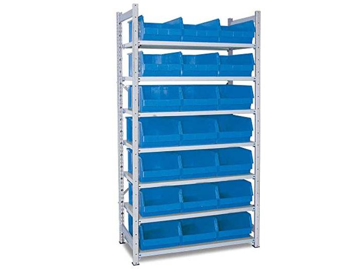 BRB Steckregal, verzinkt, mit 7 Böden, Tiefe 515 mm, bestückt mit 21 Sichtboxen LB 2/21 Liter, blau
