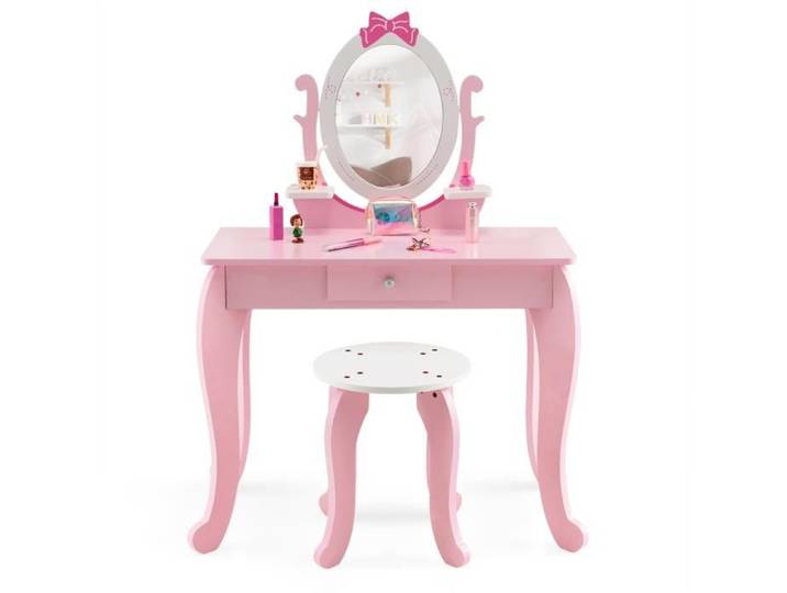 DREAMADE Ensemble de Coiffeuse pour Enfants avec Tabouret Miroir Rotatif à 360 ° Tiroir Pratique Etagère de Rangement Rose