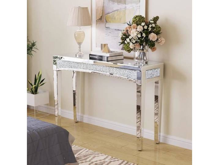 Table Console en Verre Miroir UNHO - 120x35x80.5cm - Argenté - Diamant Écrasé