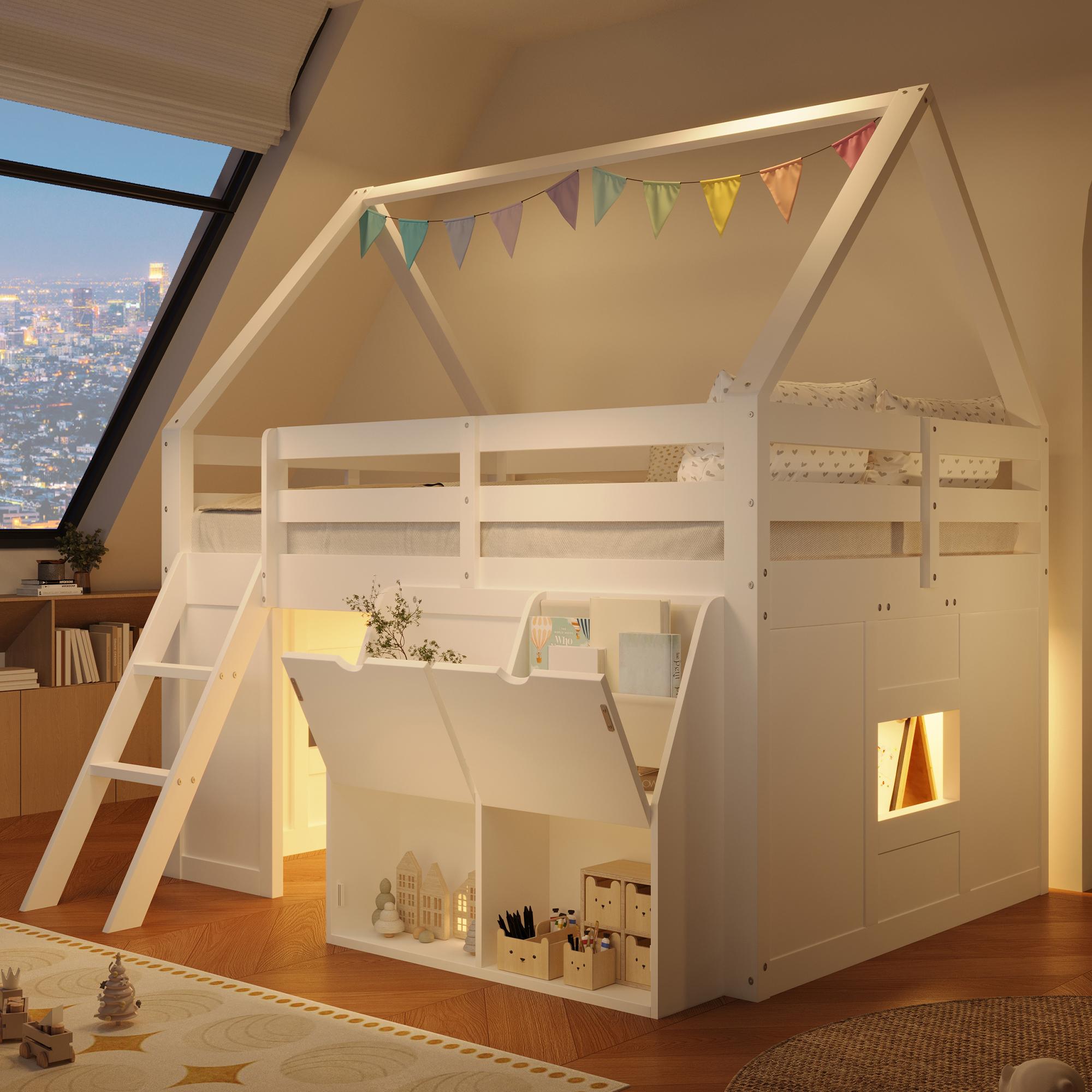 Hochbett 140x200 cm in Hausform mit Treppe, LED-Beleuchtung, 2 Aufbewahrungsboxen mit Klappdeckel, Stofftaschen und Schutzgeländer, Weiß