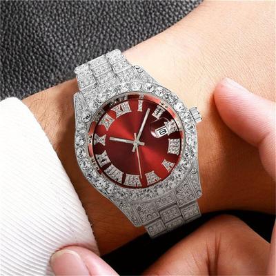 Fashion Sheath Iced Out Hip Hop Watch For Men Oversized Rhinestone Quartz Timepiece With Stainless Steel Band silver Red