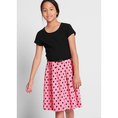 Jerseykleid BONPRIX "Jerseykleid mit Baumwolle", Mädchen, Gr. 164/170, N-Gr, Kurzarm, schwarz (schwarz, knallrosa), Obermaterial: 95% Baumwolle, 5% Elasthan, regular fit, Kleider Jerseykleid, mit Baumwolle, Regular fit, mit kurzem Ärmel