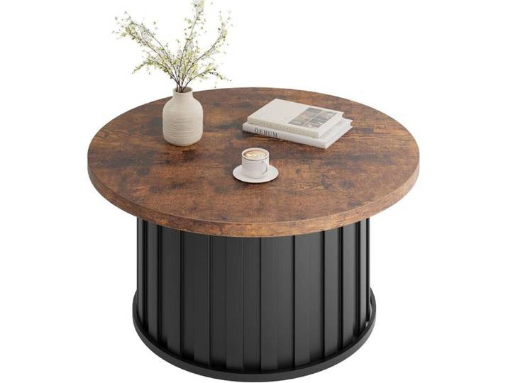 Table basse ronde - PROMIRACAL - Table Basse Ronde Design (forme champignon cannelée) - Ø81 cm - Plateau MDF 3 cm - Pieds métal noir