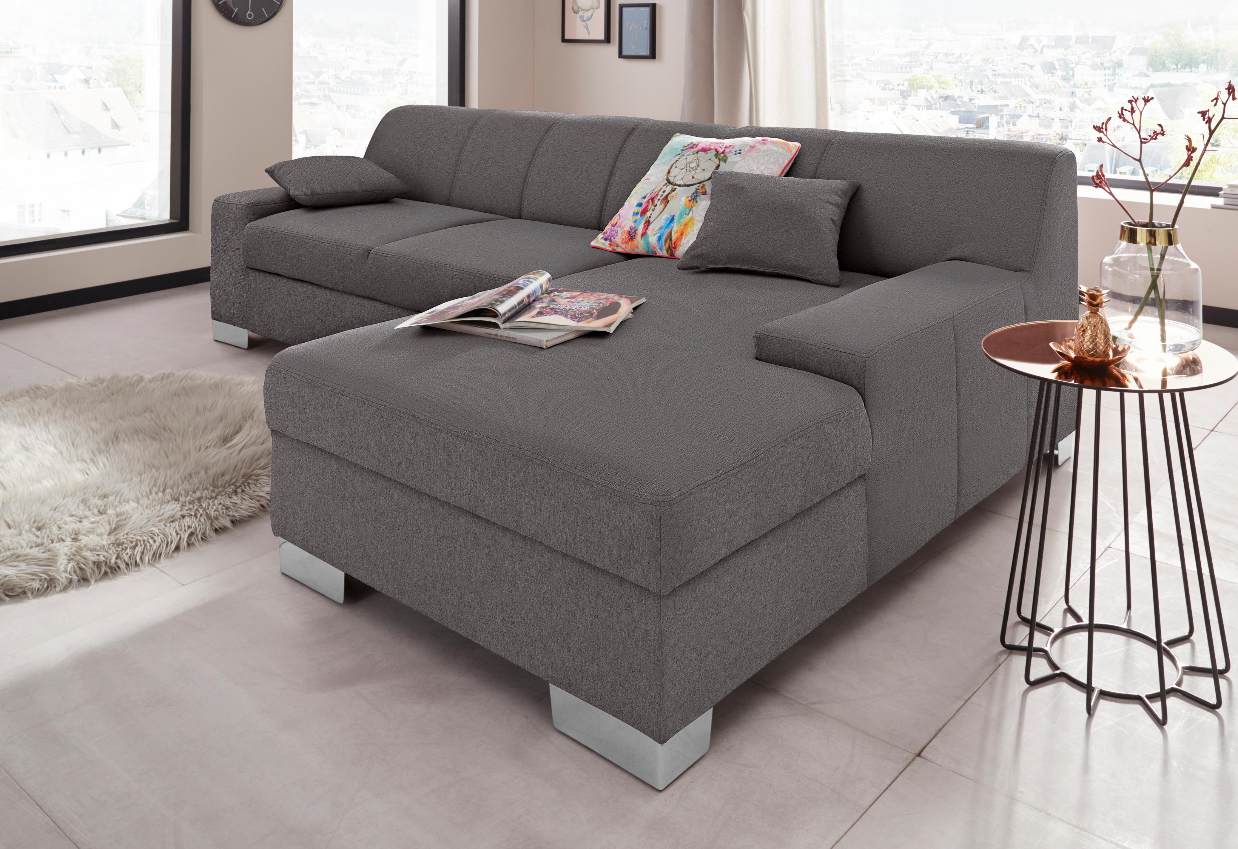Ecksofa DOMO COLLECTION "Bero, elegant und zeitlos, flache Armlehnen, Breite 268cm L-Form", schwarz (pepper), B:268cm H:74cm T:153cm, Feinstruktur (100% Polyester);Luxus-Microfaser (100% Polyester);Zierkissen: Im jeweiligen Bezugsstoff;Struktur fein (100%
