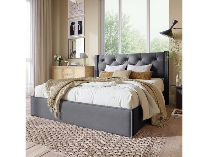Lit double rembourré - MARQUE - 140x200cm - Espace de rangement - Gris