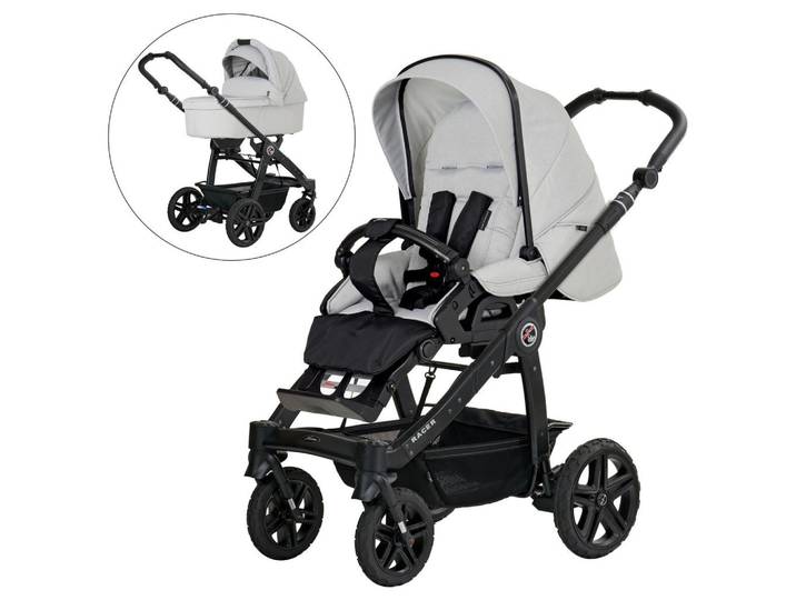 Hartan Kinderwagenset Racer Gts, Hellgrau, 3-teilig, 59x113x101 cm, EN 1888, UV 50+, AZO-frei, Made in Germany, Feststellbremse, Fußstütze abklappbar, Federung, kugelgelagerte Räder, Verdeckung abnehmbar, 5-Punkte-Gurt, für Babyschale geeignet, Griff in Lederoptik, Sitz umsetzbar, Reflektorstreifen, abnehmbarer Schutzbügel,5-Punkt-Gurt, Gurtschoner, Schutzbügel abnehmbar, Verdeck abnehmbar, Sitz umsetzbar, Sportsitz mit verlängertem Verdeck,Matratze, Baby on Tour, Kinderwagen, Kombikinderwagen