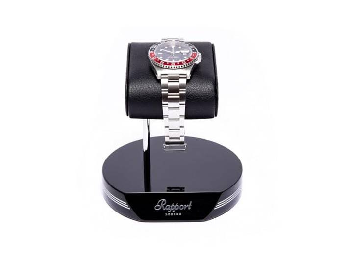Rapport, Einzelner Uhrenständer, Hochglanzbasis, Premium-Lederkissen, eleganter Ständer für Nachttisch, schwarz / silber, Modern