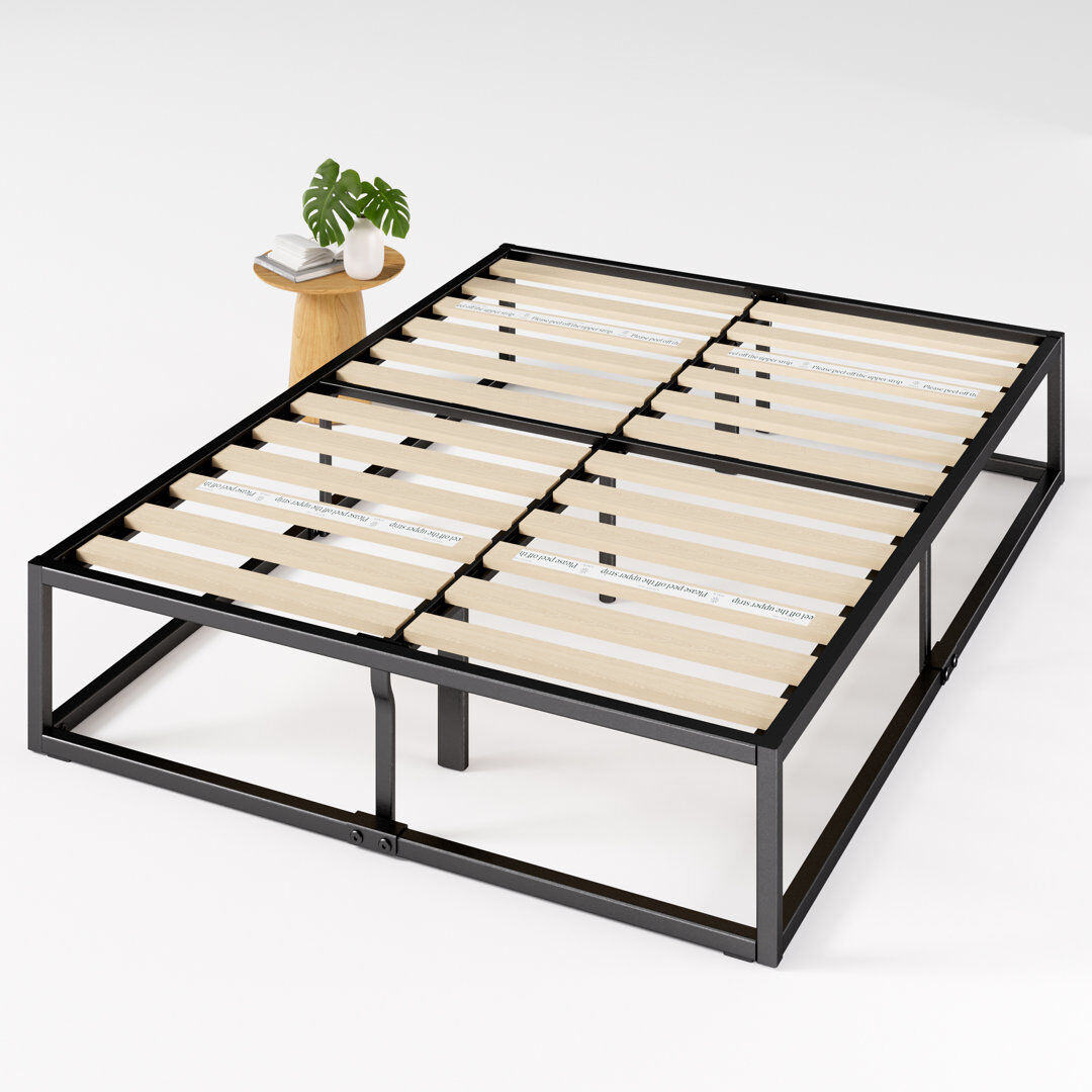 Hashtag Home Dekker Metal Platform Bed with Wooden slat support 35cm/14in Height Black Double (4'6)