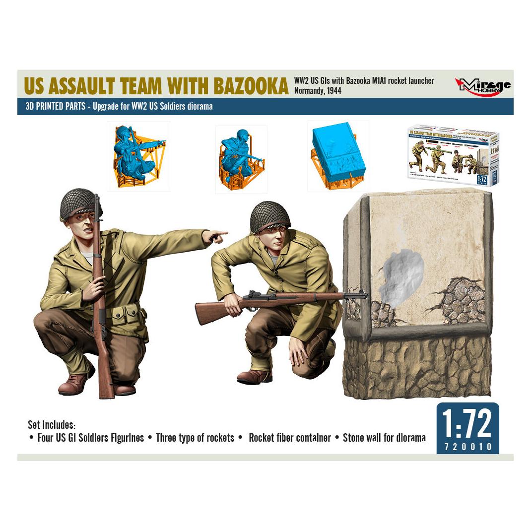 Mirage Hobby US ASSAULT TEAM WITH BAZOOKA, WW2 US GIs with Bazooka M1A1 rocket launcher Normandy, 1944 (720010)