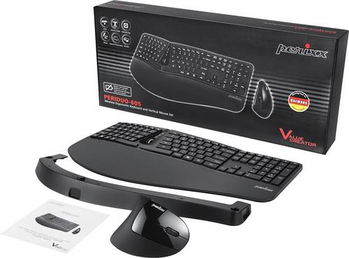 Perixx PERIDUO-605BDE Funk Tastatur, Maus-Set Deutsch, QWERTZ Schwarz Ergonomisch, Multimediatasten, Handballenauflage