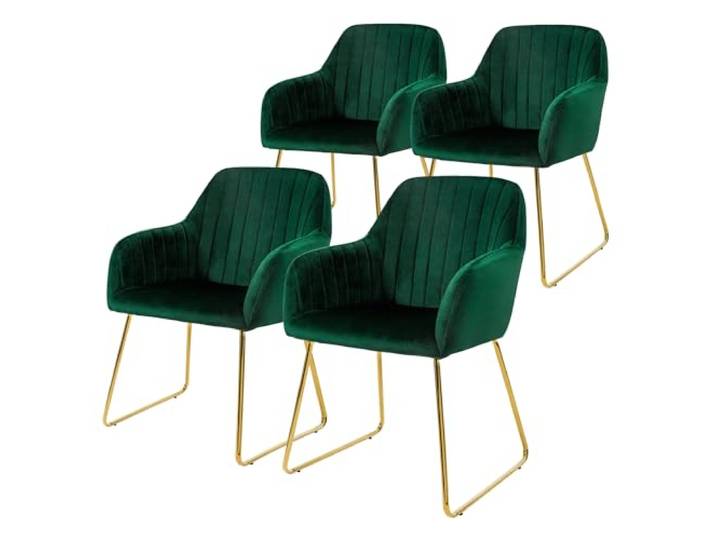 ML-Design Esszimmerstühle 4er Set, Sitzfläche aus Samt, Grün, Wohnzimmerstuhl mit Rücken- und Armlehnen, Küchenstuhl Gold Beine, Polsterstuhl mit Metallgestell, Ergonomische Sessel für Esstisch