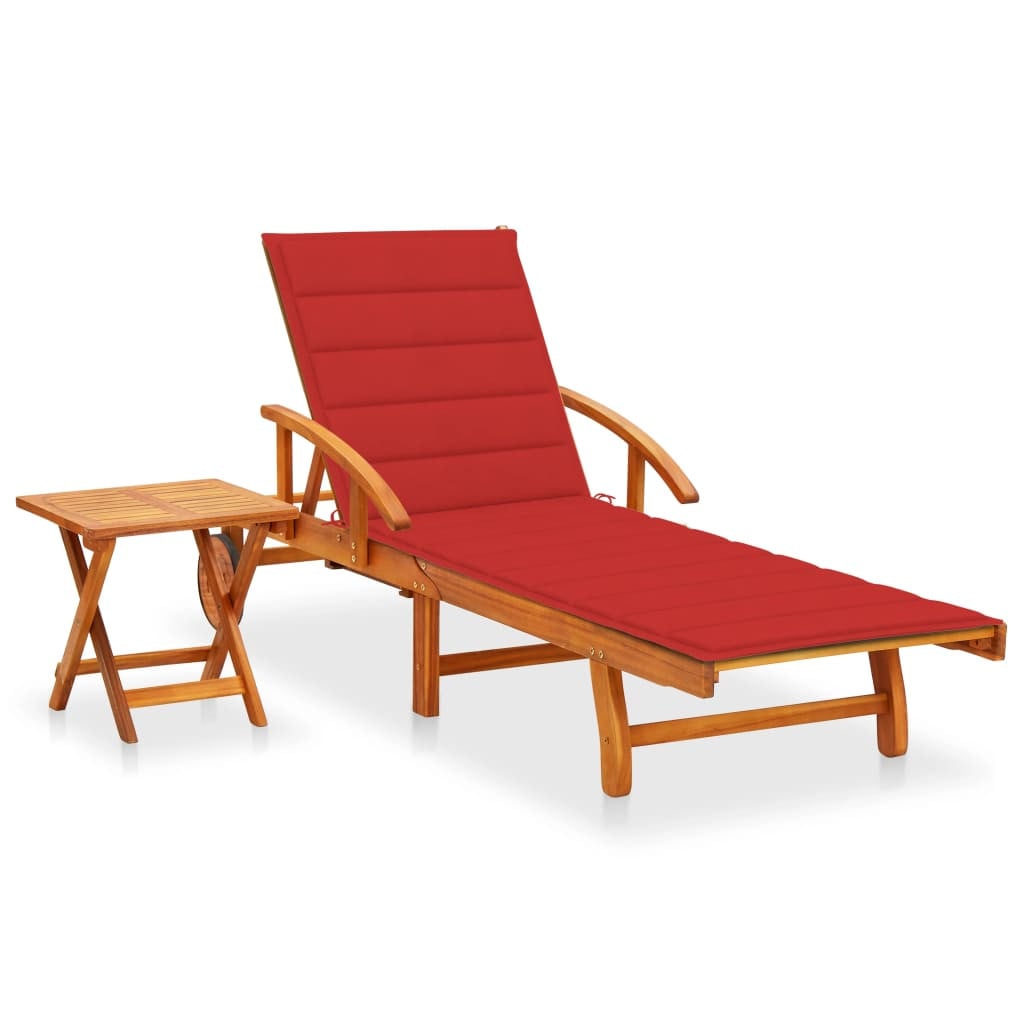Natur24 Set van acaciahouten ligbed en tafel met rode kussens