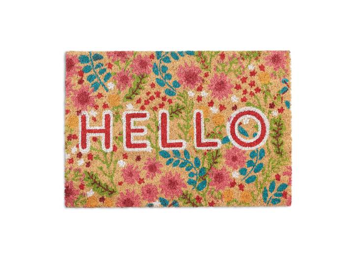 Fussmatte Kokos Hello Blumen Beige-Blau-Rot