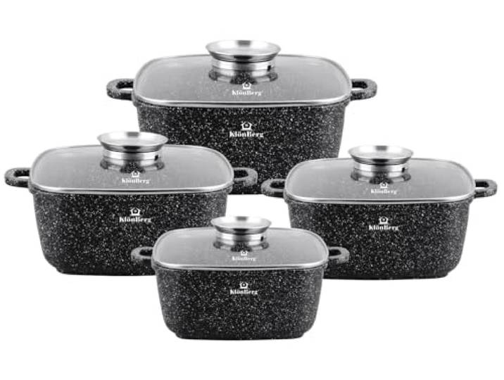 KlönBerg 8-tlg schwarzes Topfset,mit Marmorierung,für alle Herdarten, MIT DECKEL, Topfset quadratisch SCHWARZ KB4058
