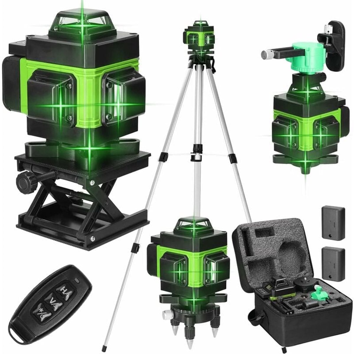 16-lijns IP54 laserwaterpas met groene laser, oplaadbare batterij en telescopisch statief