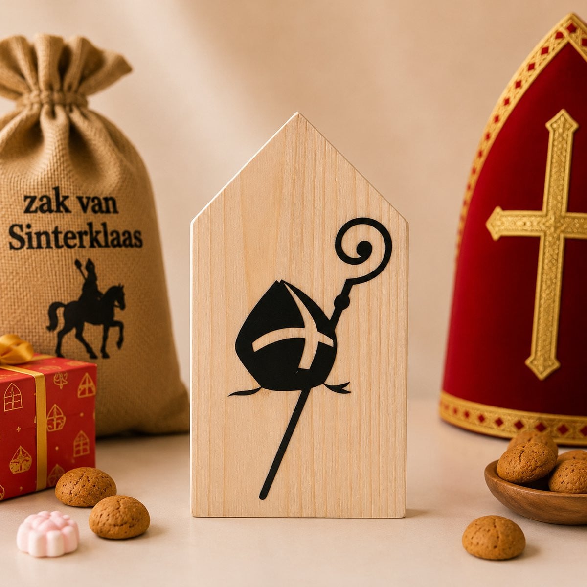 Troubadot Houten Sinterklaas Huisje met Mijter en Staf - Maat M - 15 cm