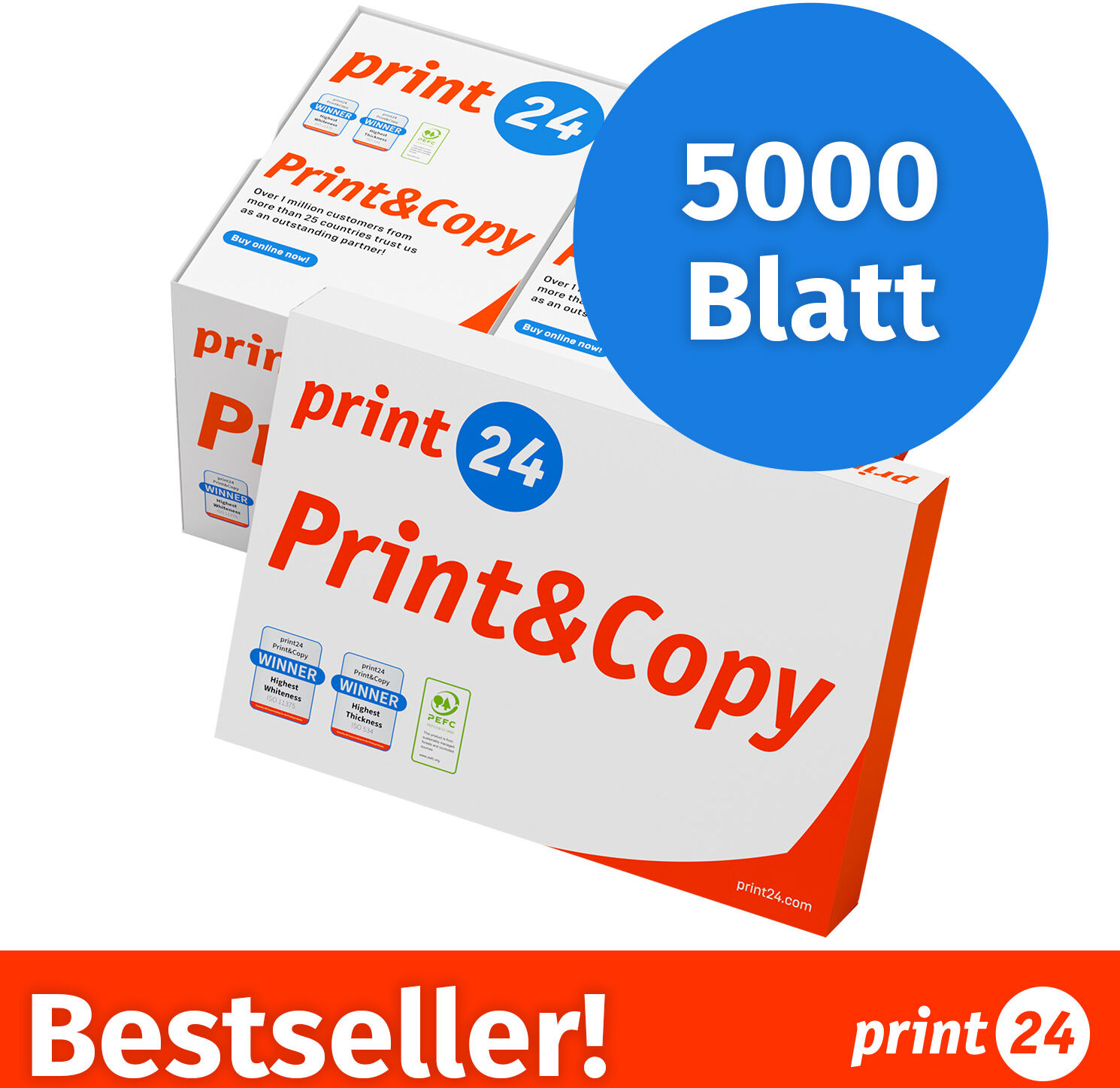 print24 Druckerpapier Kopierpapier 5000 Blatt 10 x 500 A4 Premium Hochweiß CIE 160 Testsieger PEFC zertifiziert