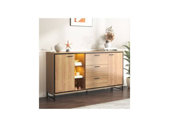 ®TONLRGY Buffet moderne en bois trois tiroirs avec compartiments de rangement noir et bois 160*40*85*cm.