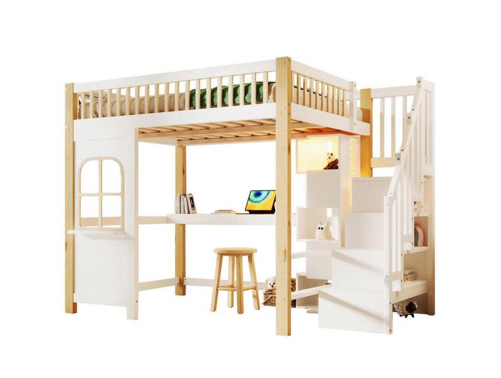 Okwish Hochbett 140/200 cm mit LED-Leuchten Fensterform Ablageleiter und Schreibtisch Weiß+Natur mit Matratze, 140x200 cm, Babymöbel & Kindermöbel, Kinderzimmer & Jugendzimmer, Kinderbetten, Hochbetten