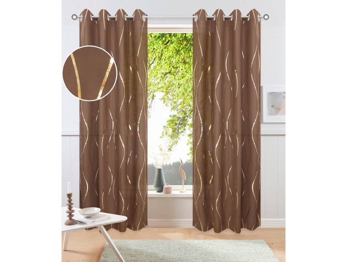 Gardine GOODPRODUCT Quinnton , braun (braun, goldfarben), B:140cm H:175cm, Polyester, Polyester, Gardinen, Gardine, Metallic-Akzente, Gardine, mittelleichter Stoff, halbtransparent