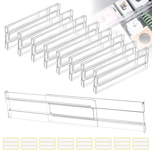 QINERSAW 8 stuks verstelbare ladeverdelers, transparant kunststof ladeorganizer voor keuken, badkamer en kantoor, 27,5-52 cm