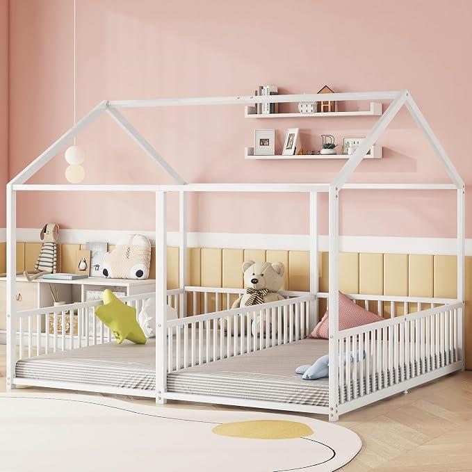 Bodenbett 180x200 cm 2 Kinder mit rausfallschutz, 90x200 cm Einzelbetten 2-in-1, Hausbett Metall Geschwister Bett, Kinderbett Bodentief (Weiß B)