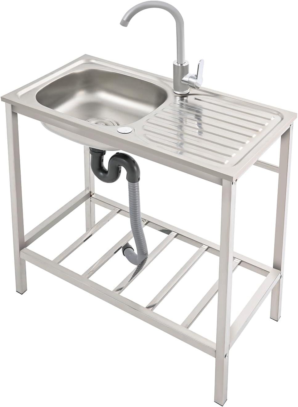 Freistehende multifunktionale Edelstahlspüle mit Arbeitsfläche und Untergestell, 75x40x75 cm, Einzelbecken mit 360°-Mischbatterie für Küche, Werkstatt, Camping und Garten