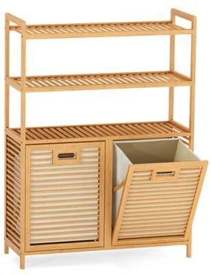 Costway Double Tilt Out Laundry Hamper with 3 Shelves and 2 Removable Baskets for Dirty Clothes-Natural