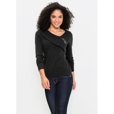Strickpullover BONPRIX, Damen, Gr. 40/42 (M), schwarz, Obermaterial: 70% Baumwolle, 30% Polyamid. Kragen: 100% Polyacryl, figurbetont, Pullover Strickpullover, mit Metall-Schnallen, figurbetonte Passform