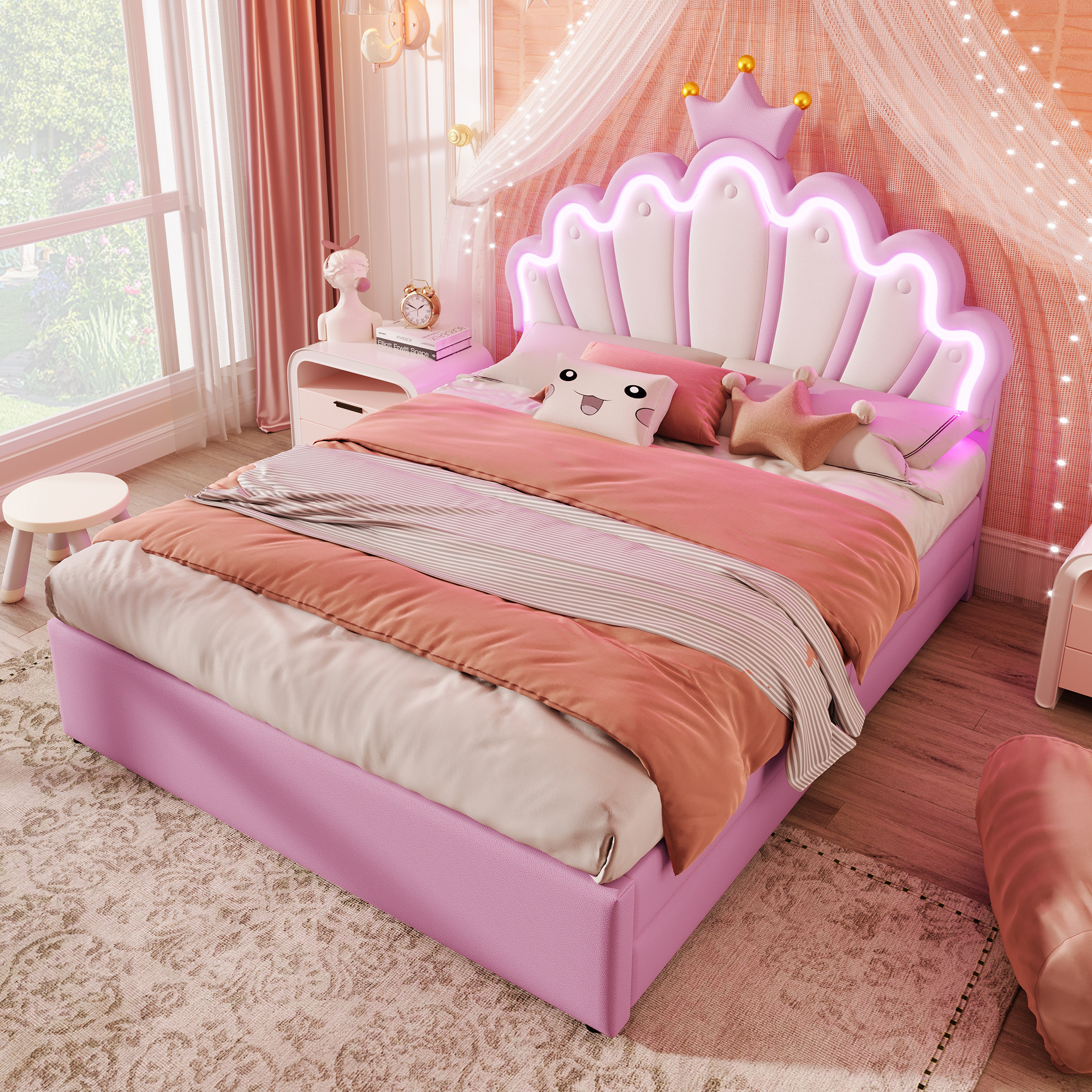 MODFU Kinderbett Polsterbett 140×200 cm mit Ferngesteuertes Ambientelicht, Doppelbett Prinzessinnenbett in Kronenform mit Verstellbares Kopfteil und 2 Schubladen(Ohne Matratze), PolyurethanRosa
