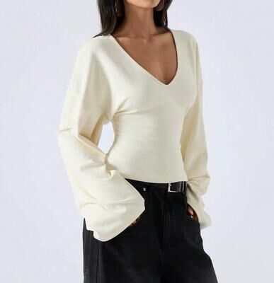 Universal Stock Women's Crop Top V Neck Long Sleeve Slim Fit Streetwear Blouse apricot m