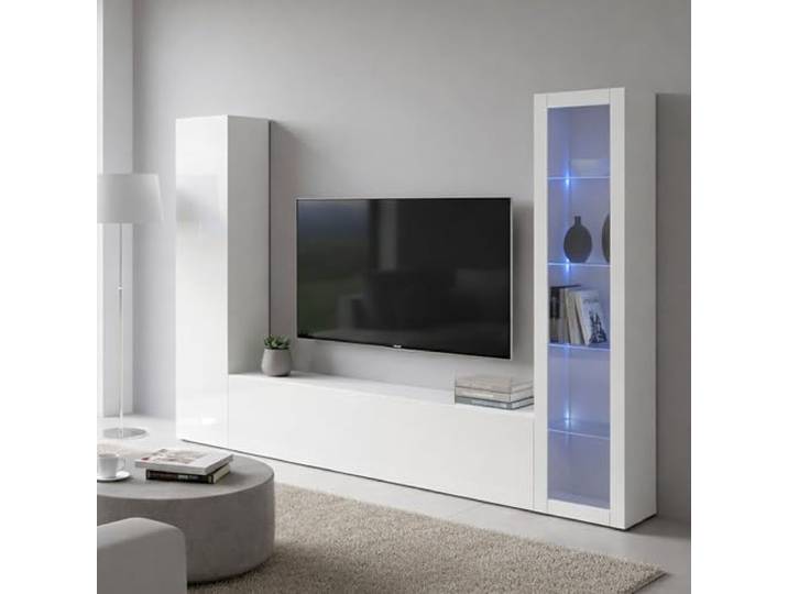 Dmora - Ausgestattete Wand Girolamo, 3-türiges TV-Ständer-Wohnzimmerset, Mehrzweck-Wohnzimmermöbel mit Vitrine und LED-Licht, 100% Made in Italy, 260 x 30 x 180 cm, glänzendes Weiß,