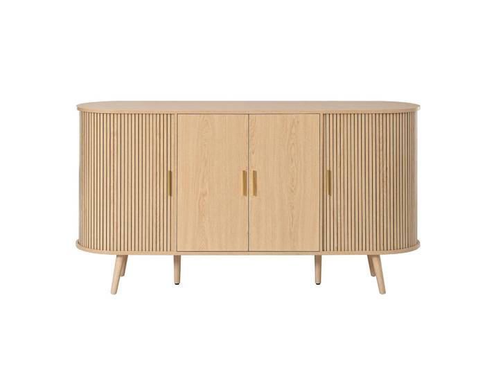 Flieks Sideboard Schiebetüren Rillenoptik Metallgriffe Gebogenes Design, Naturfarben, 150x79x40 cm, Kleinmöbel, Kommoden, Sideboards