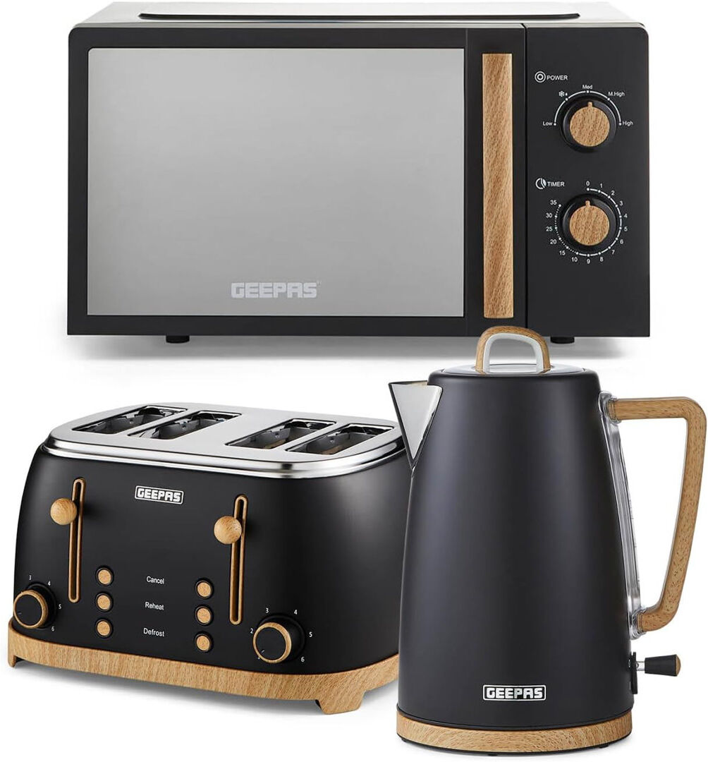 GEEPAS NordiQ 20L Microwave Oven 700W, 4 Slice Toaster & 1.7L Electric Kettle Combo Set   Matte Finish with Wood Accents   1500W Bread Toaster & 3000W Black 4 - Slice