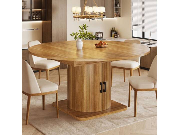 NuvlaGu - Table de salle à manger ronde - Extensible - Avec rangement à 2 porte - Étagères amovibles - Bois