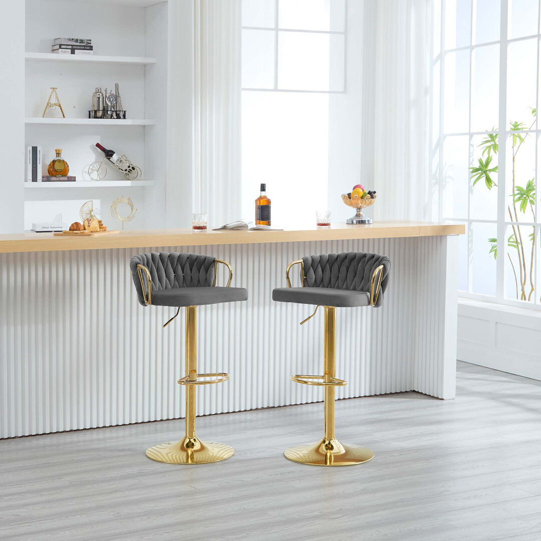 Canora Grey Bar Stool, Breakfast Bar Stool, Velvet Kitchen Stool, Island Counter Stool Height Adjustable, 360° Swivel Stool, with Metal Base and Footrest Grey 1