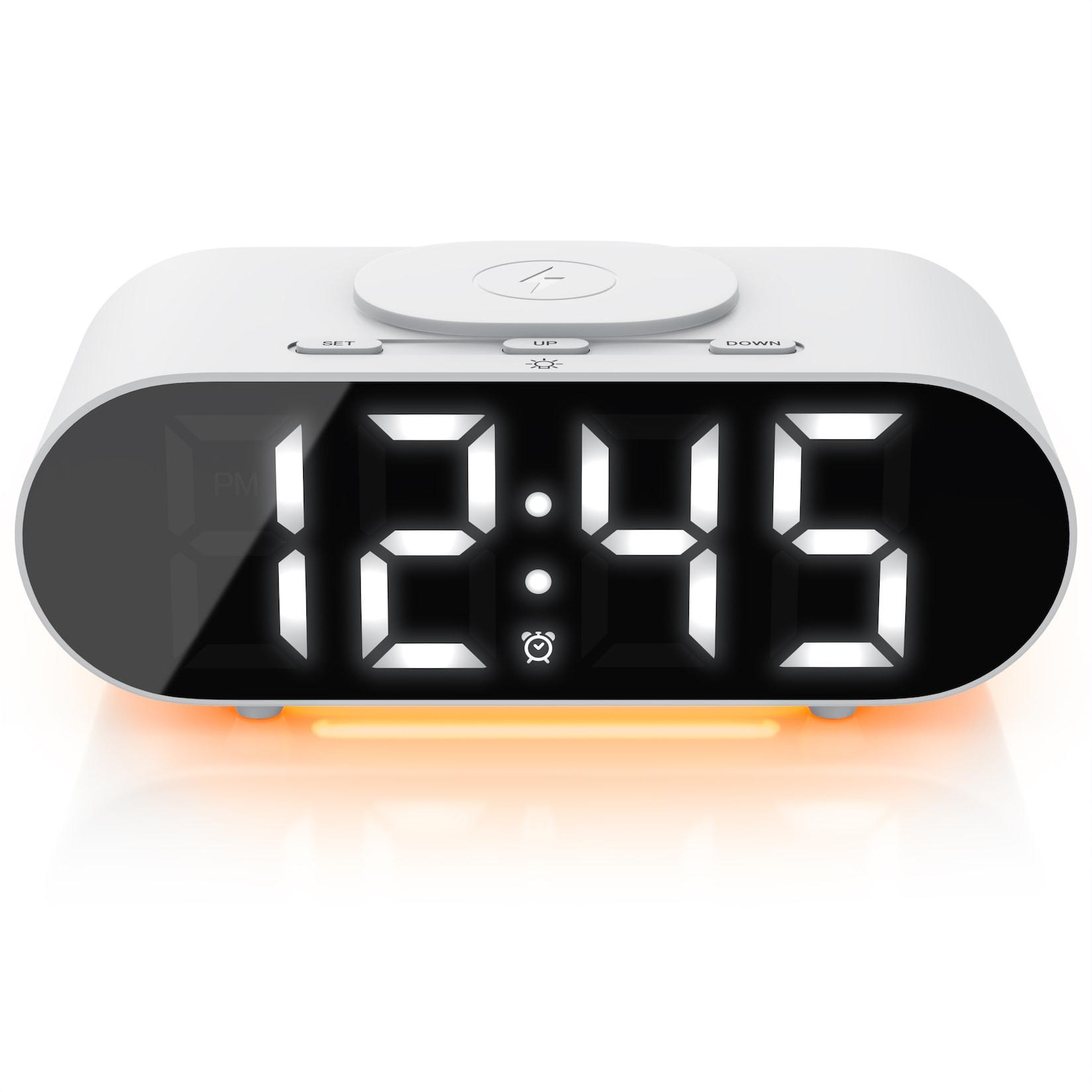BEARWARE Wecker mit Netzteil & Akku, 3 Alarmzeiten, mit Beleuchtung & QI Ladefunktion Schlummerfunktion, Kabelloses Laden Wireless Charger, Akustiksteuerung
