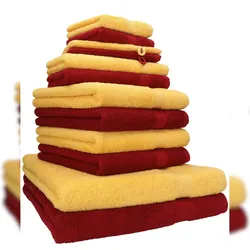 Betz 12-tlg. Handtuch-Set PREMIUM 100% Baumwolle 2 Duschtücher 4 Handtücher 2 Gästetücher 2 Seiftücher 2 Waschhandschuhe honiggelb/rubinrot