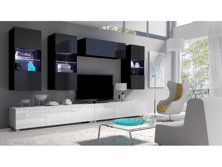 Designer Wohnwand Ricardo mit LED - Schwarz-Weiß - Luxusbetten24