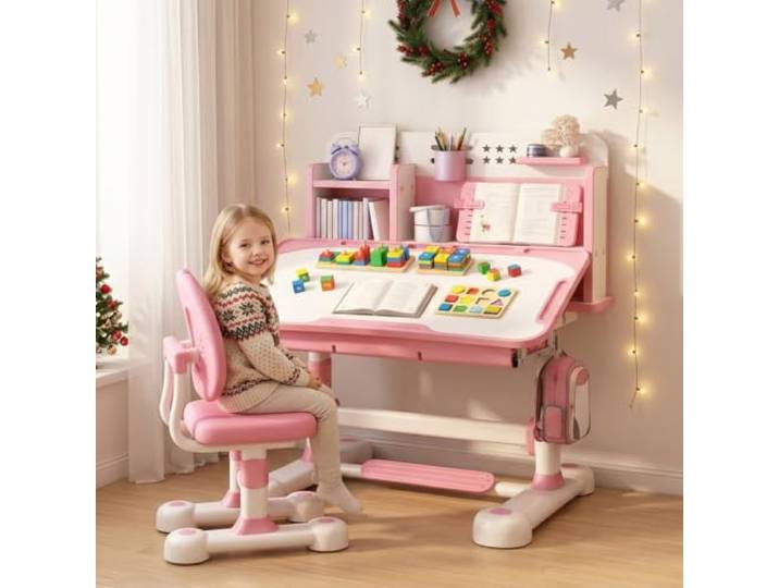SaftSpzre Kinder Schreibtisch Set Höhenverstellbarer Kinderschreibtisch Schreibtisch Mit Stuhl Für Kinder 80cm Verbreiterte Tischplatte Lernertisch Mit Schublade & Buchständer Rosa