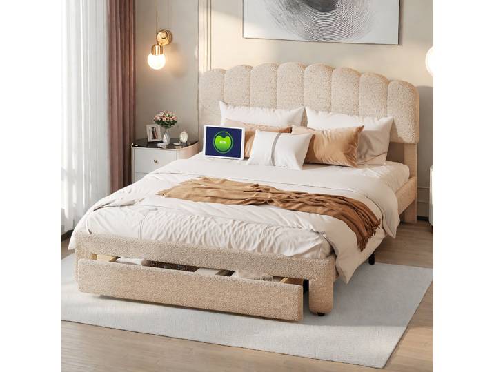 Rosahqnda 140/160*200cm Doppelbett, beige Teddy-Kopfteil, Bettgestell mit Holzlattenrost, ohne Matratze Jugendbetten