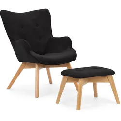 LOUNGESESSEL mit Fußhocker Lenari Schwarz Cordstoff mit Füßen in Natur