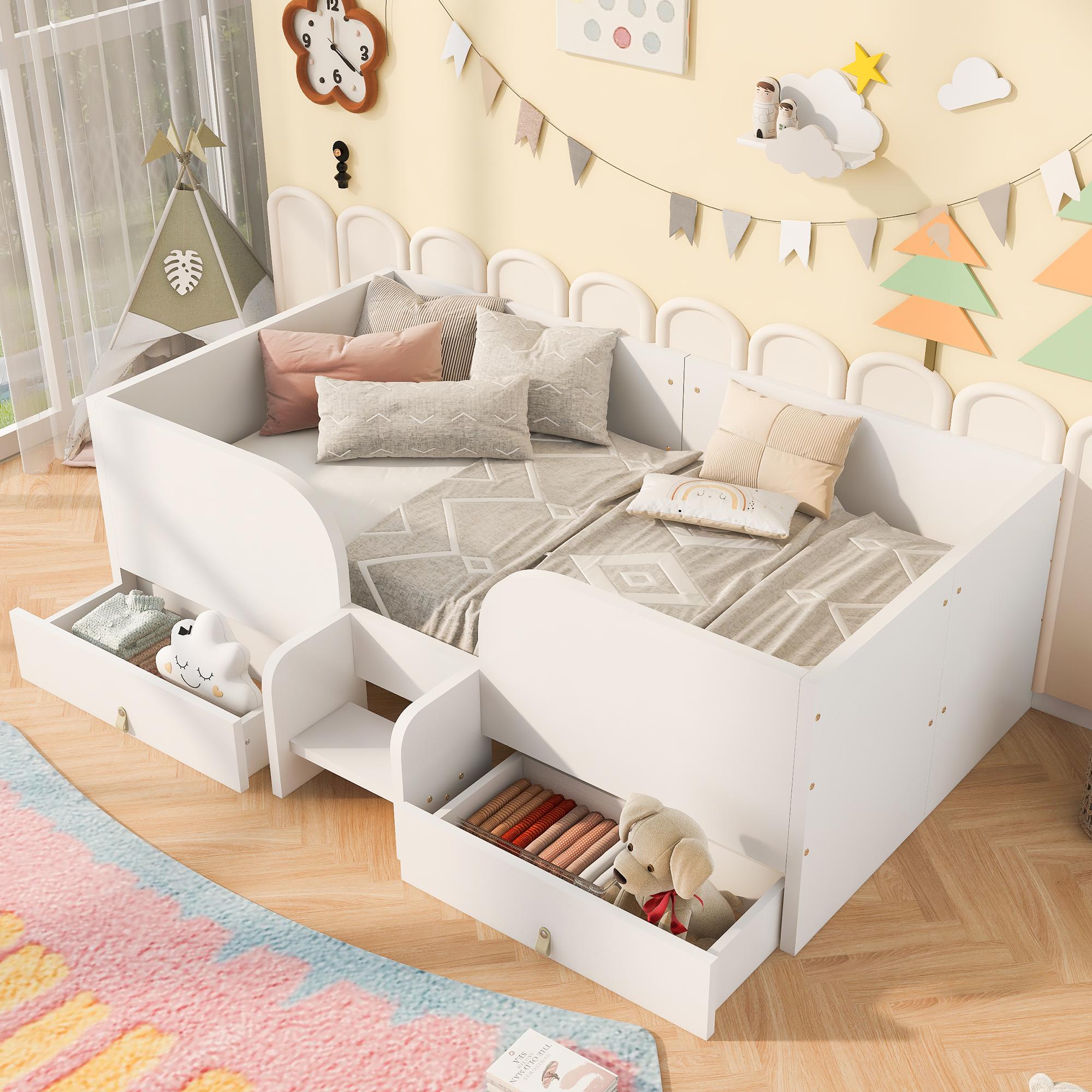 okwish Tagesbett 90x200 mit Matratze,2 Schubladen und Sicherheitsleiter,Kinderbett mit Sicherheitsgitter,Einzelbett in Weiß