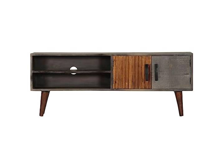 KGHERMDF TV-Schrank Grau 130x30x46 cm Massivholz Mango-Hartholz, 2 Türen, 2 offene Fächer, Robust, Stauraum für Multimedia