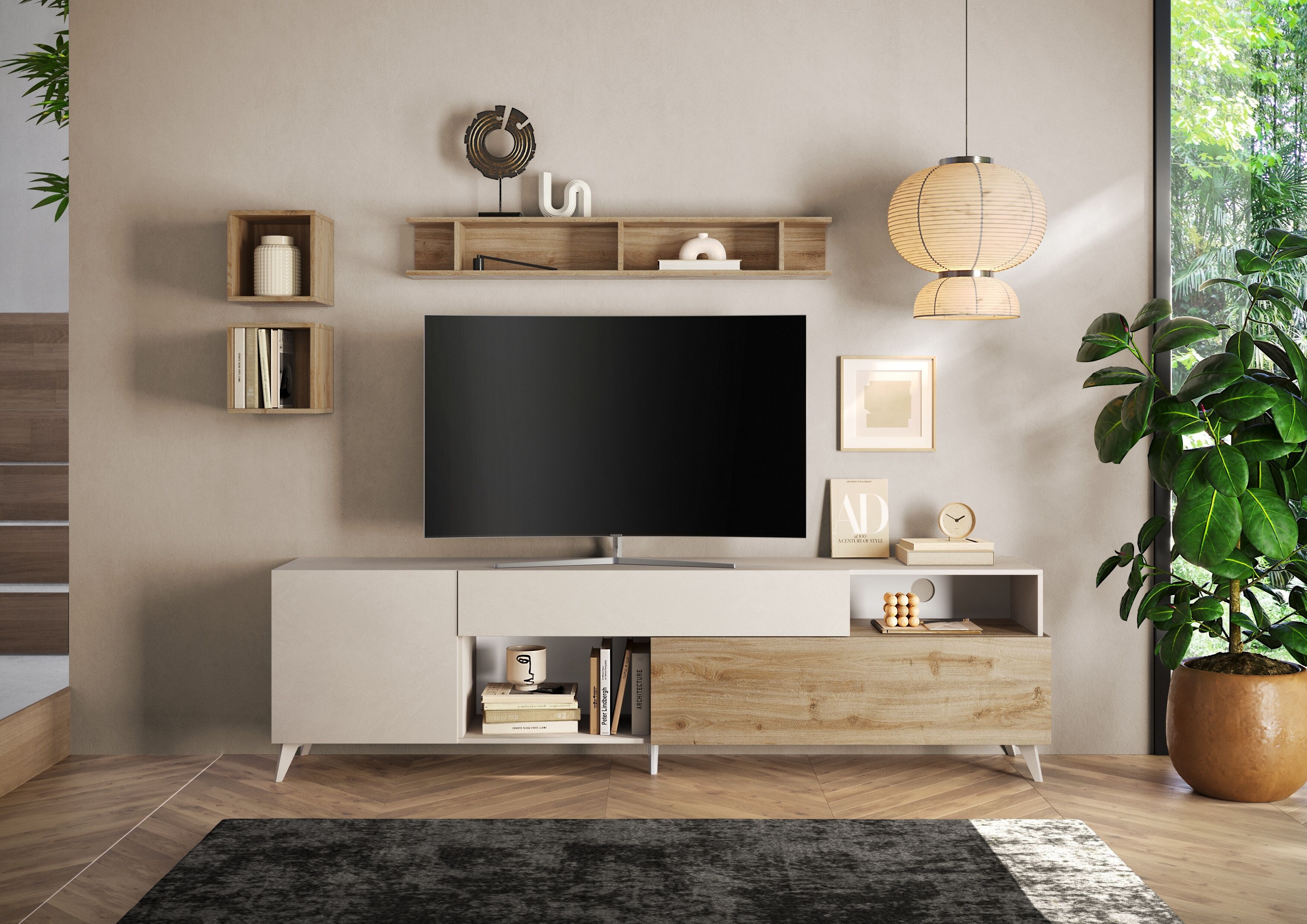 Lowboard HOME AFFAIRE "Monaco in Breite 241 cm, TV-Schrank mit Tür, Klappe und Schubkasten", weiss (cashmere, eiche cadiz nb), B:241cm H:67cm T:42cm, Sideboards, Lowboard, Mediaboard – sanft schliessend, edel, mit Kabelkanal, spürbar geräumig cashmere, ei