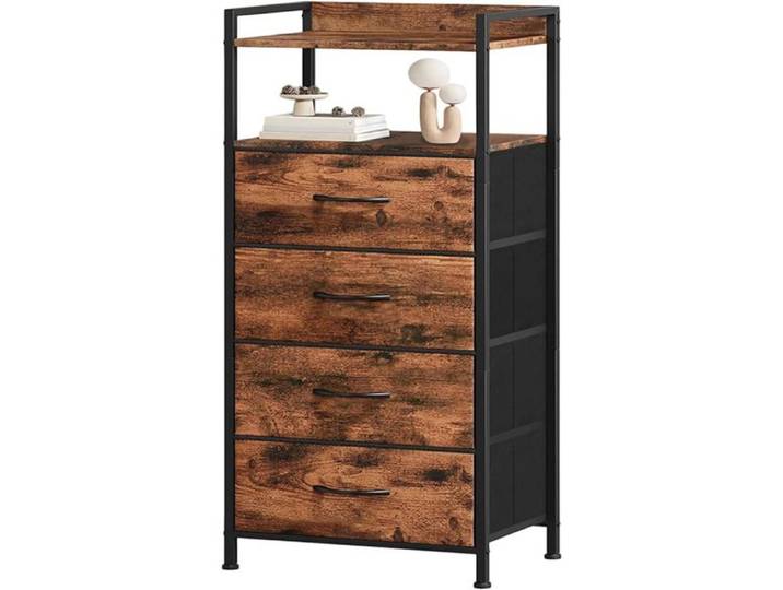 Commode textile ton bois quatre tiroirs cadre métallique pieds modulables bureau chambre couloir