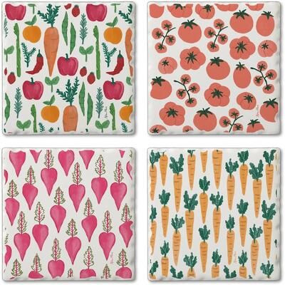 Thirstystone Fresh Veggies 4 Pack Assorted Tumbled Tile Stone Coasters with Protective Cork Backing Made in the USA