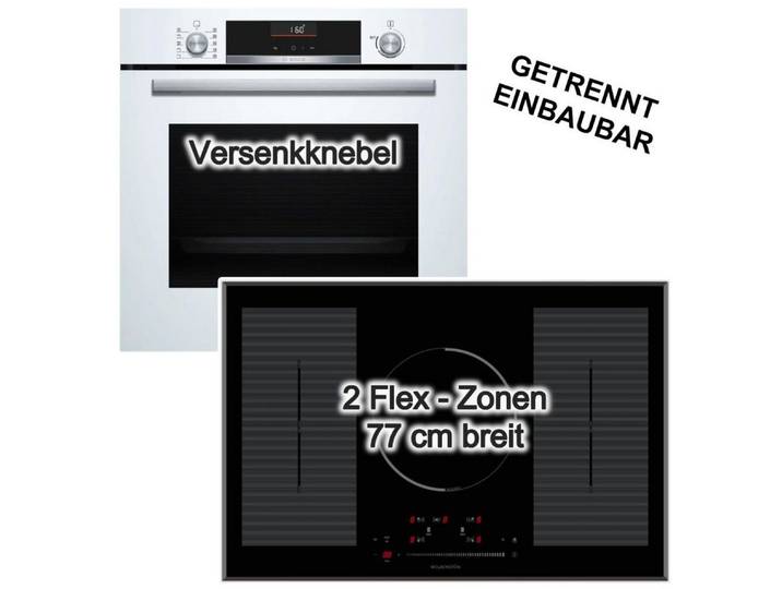 BOSCH Backofen-Set Backofen AirFry 3DHeißluft weiß+ Wolkenstein Induktionsfeld 77cm Flex, EcoClean Direct