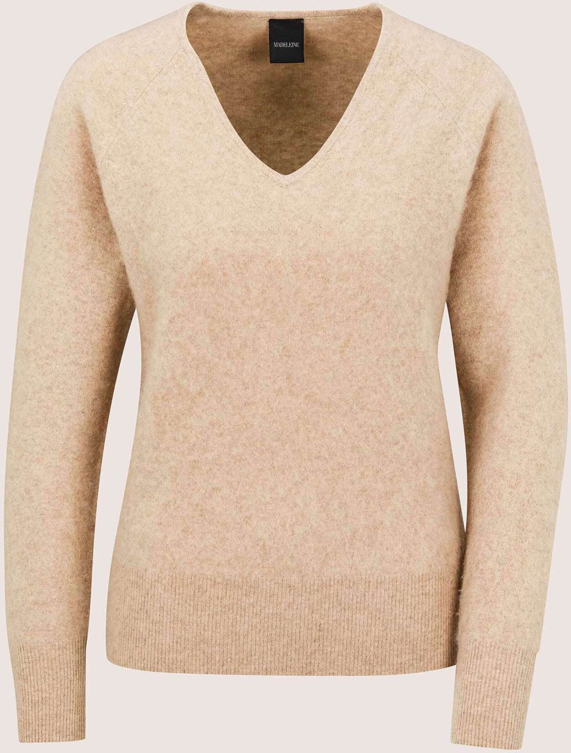 Longpullover MADELEINE "Pullover Schurwoll-Pullover mit V-Ausschnitt", Damen, Gr. 48, beige (caramel), Modern, slim fit, Pullover Longpullover